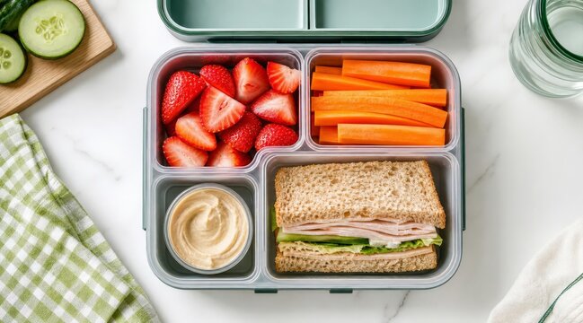 Healthy bento box school lunch flat lay
