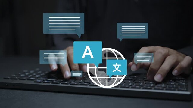 Online translation concept. Person typing keyboard with language translation and communication icons, multilingual support, AI translation and global communication.