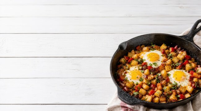 Breakfast skillet on wooden table