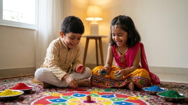 Indian children creating colorful rangoli art.