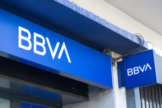 MADRID, SPAIN - SEPTEMBER 29, 2019. BBVA logo on BBVA bank branch office. BBVA is the second largest bank in Spain
