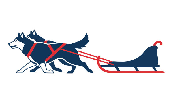 Two energetic malamutes running in harness pulling a dog sled in a clean minimalist style with flat colors isolated on white, winter sports concept