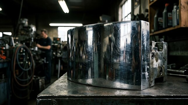 Shiny metal object on workbench indoors.
