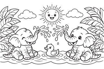 Obraz premium Cute elephants and duck playing in water on sunny day