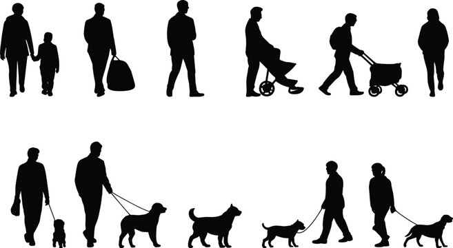 People Walking Silhouette Collection Vector Set with Families Dog Walkers and Everyday Lifestyle Poses