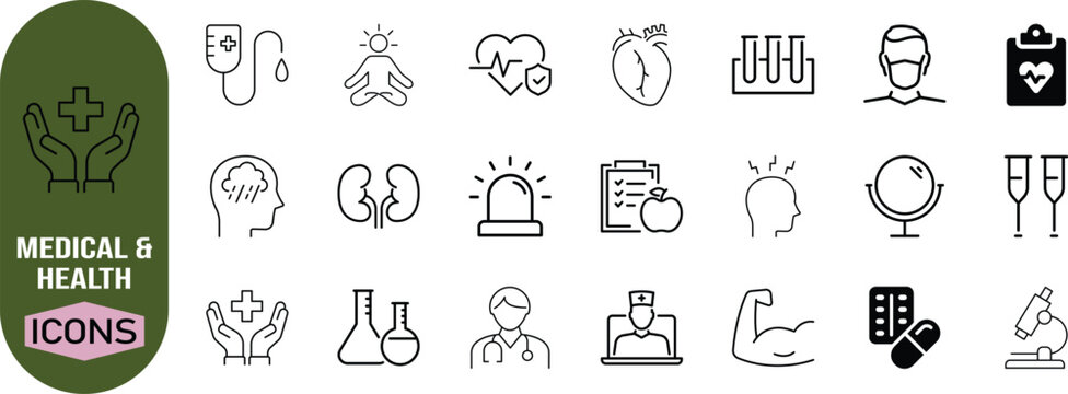 Medical healthcare outline vector icons. pills icon set, heart icon set, microscope icon set