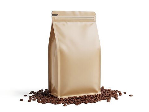 Brown coffee bean bag with zipper closure resting on a pile of roasted beans with white background