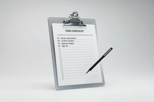 Clipboard with task checklist and black pen on light background, white paper silver clip d