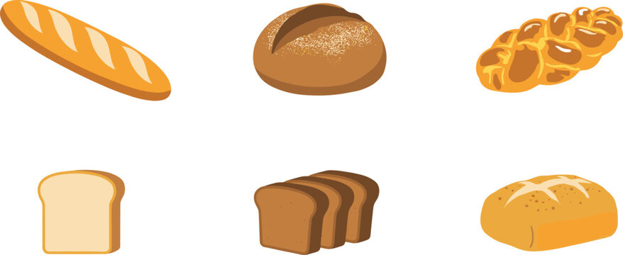 Fresh Bakery Bread Vector Illustration Set with French Baguette, Sourdough Loaf, Challah, Sliced White Bread, Rye Bread, and Ciabatta for Menu Designs