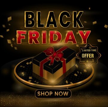 Elegant Black Friday promotional animation featuring a luxury  gift box with a golden ribbon, premium typography, glowing effects, confetti, and a stylish call-to-action button on a dark background