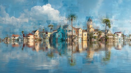 Naklejka premium A digitally rendered coastal townscape with colorful houses and palm trees reflected on calm water under a vibrant blue sky with clouds.