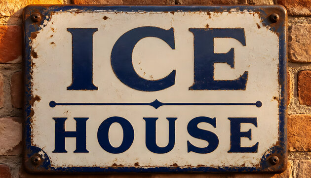 Vintage rustic enamel ice house sign on brick wall