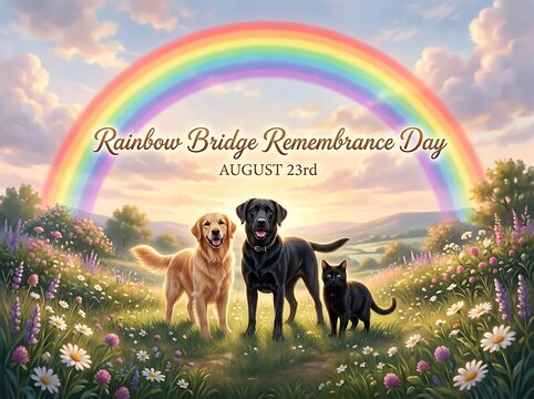Heartwarming illustration of pets on rainbow bridge remembrance day with flowers and rainbow sky scene