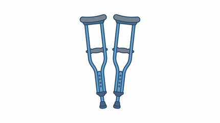 A pair of blue crutches with black rubber tips stand upright on a white floor in a clinic 20260703 © Nurin