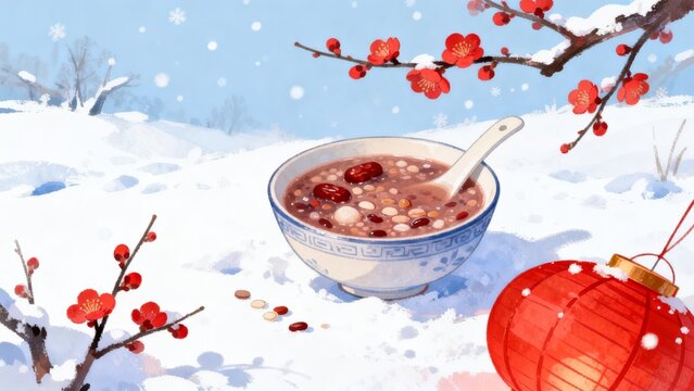 Winter Snow, Red Plum Blossoms, Red Lanterns, Laba Congee, Traditional Chinese Winter Illustration