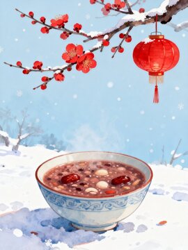Winter Snow, Red Plum Blossoms, Red Lanterns, Laba Congee, Traditional Chinese Winter Illustration