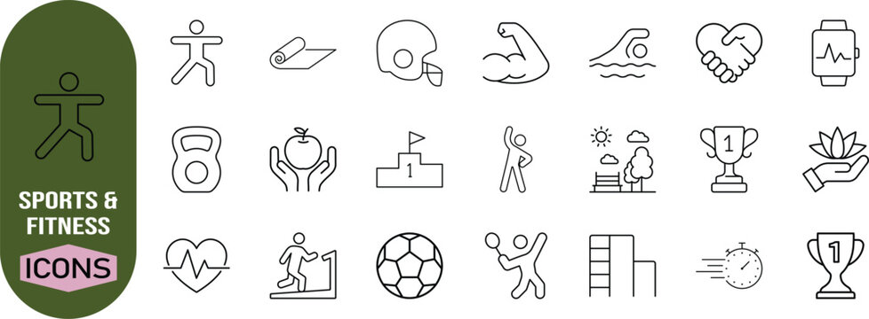 Sports and fitness outline icons. kettlebell icon set, soccerball icon set, treadmill icon set