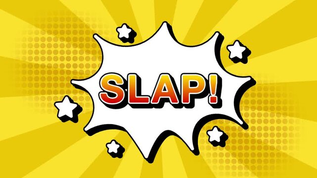 Slap text word lettering popup comic cartoon reveal with bomb and smoke explosion manga anime book page dots with radial speed lines doodle yellow background with seamless loop animation retro clip