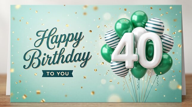 Elegant 40th birthday card featuring a cluster of green and striped balloons next to a large white number 40, set against a mint background with gold confetti. (166 characters)