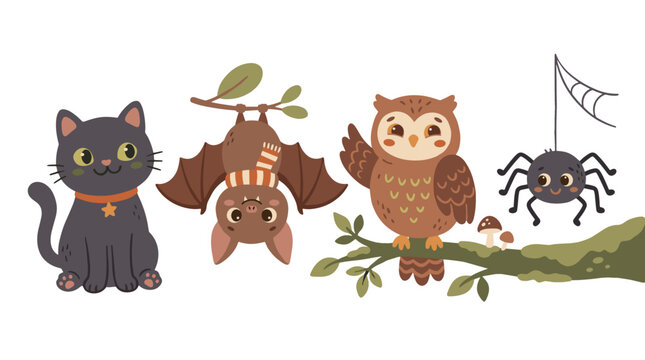 Cute cartoon animals sitting on a branch with leaves and a spider web