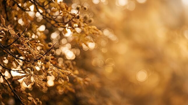 Golden Autumn Leaves and Chestnut Burs Background with Warm Bokeh