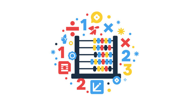 Educational Abacus Illustration with Math Symbols and Numbers, Flat Vector Graphic for Learning and Arithmetic Concepts