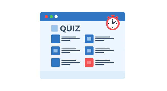 Online Quiz and Examination Interface Flat Vector Illustration for E-learning, Digital Assessment, and Education Platforms with Timer Icon