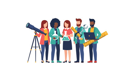 Fototapeta premium Diverse Group of STEM Professionals and Scientists Vector Illustration - Team of Experts in Science, Technology, Engineering, and Mathematics on White Background