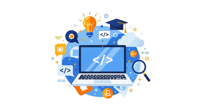 Online Programming Education Concept with Laptop and Coding Icons Vector Illustration