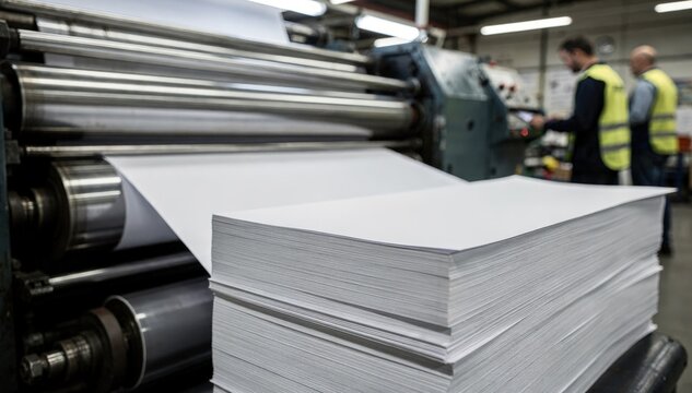 Detailed view of tabloid newspaper printing focused on fastmoving rollers and paper stacks with press operators out of focus.
