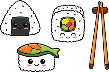 Cute kawaii sushi vector icon set with smiling onigiri rice ball maki roll nigiri and wooden chopsticks isolated on white background flat illustration © mdhusne