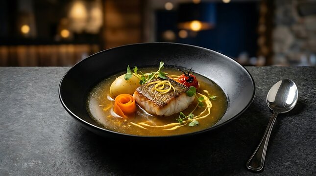 Serving traditional Caldillo de Congrio fish soup in a black bowl on a stone table