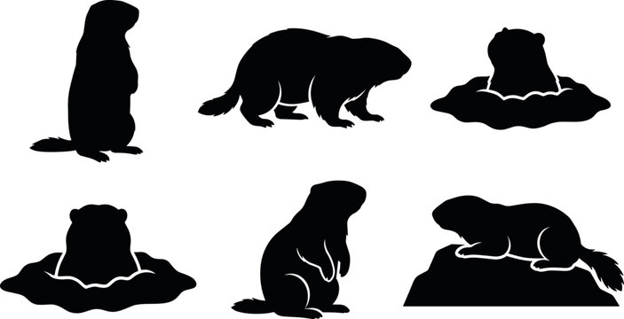 Groundhog Day Silhouette Vector Set with Marmot Prairie Dog and Woodchuck Icons in Various Poses for Nature Wildlife and Holiday Designs