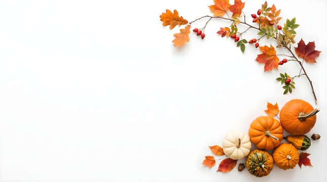 Autumn harvest decor with pumpkins and fall leaves on white background