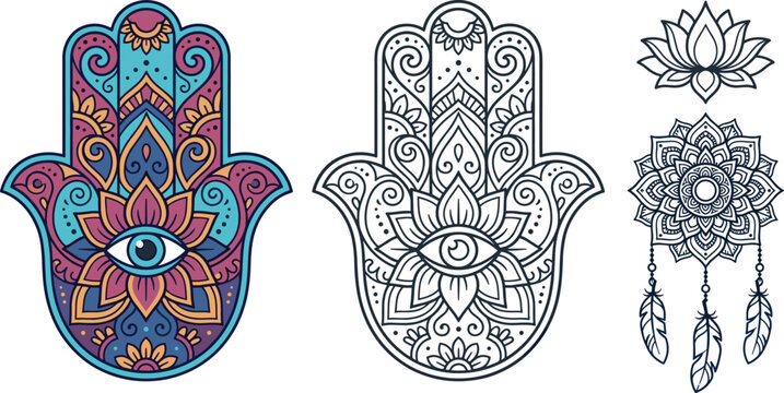 Hamsa Hand and Mandala Vector Set with Lotus Flower and Dreamcatcher Elements for Spiritual, Tattoo, Meditation, Boho, and Esoteric Graphic Designs