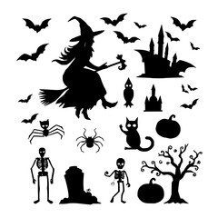 Fototapeta premium Halloween icons set with balanced silhouette composition featuring witch, bat, black cat with haunted castle and skeleton
