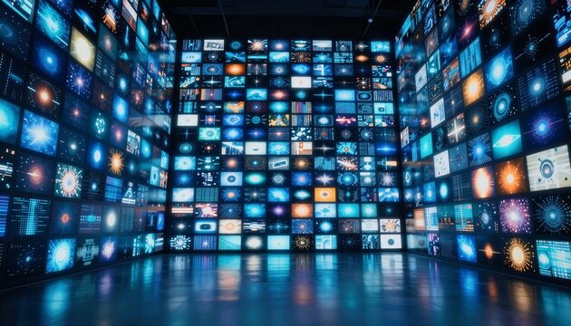 Digital media wall concept featuring many glowing screens displaying colorful data and light patterns.