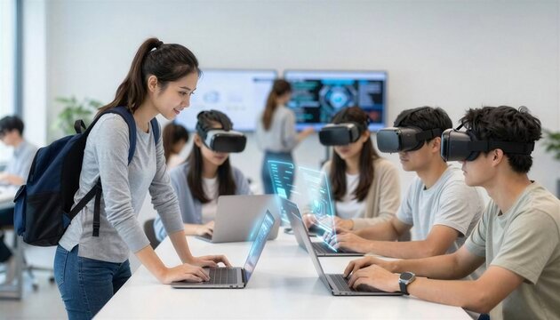 Students using virtual reality headsets and laptops for immersive learning in modern classroom space.