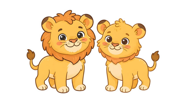 Two cartoon lion cubs stand side by side smiling cutely outdoors