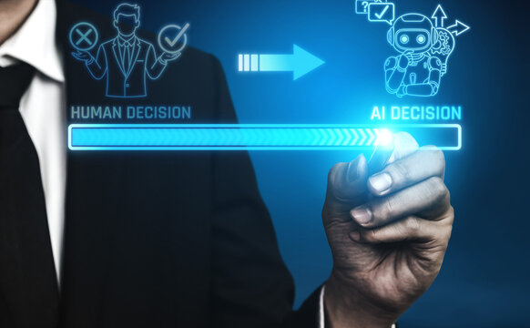 Human Decision Making Versus AI Decision Making Concept with Hand in Business Suit and Digital Graphic Interface. Liminal.