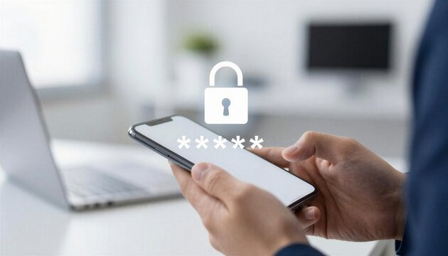 Woman's hands hold smartphone with password on screen, lock icon above.