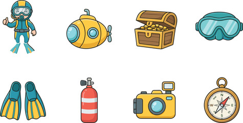 Scuba Diving Adventure Icon Collection with Diver Submarine Treasure Chest and Underwater Equipment © MstSadika