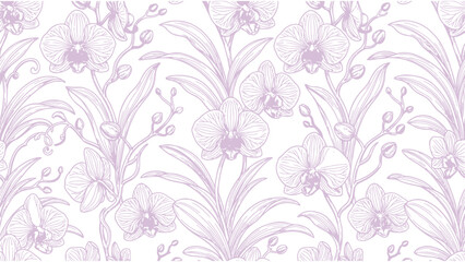 Naklejka premium Purple orchid flower seamless pattern vector, hand drawn botanical line art background, floral wallpaper for textile