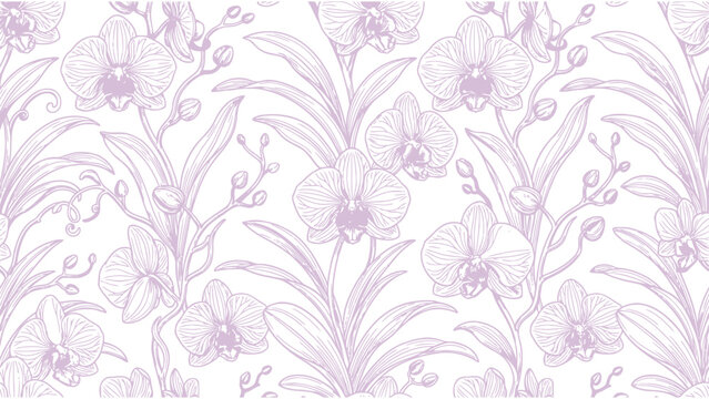 Purple orchid flower seamless pattern vector, hand drawn botanical line art background, floral wallpaper for textile