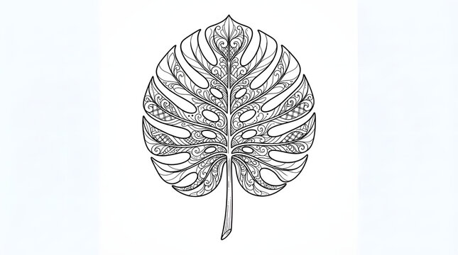Detailed monstera deliciosa leaf line art illustration for adult coloring page
