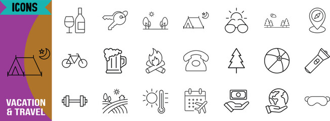 Outdoor vacation travel outline icons. tent icon set, bicycle icon set, campfire icon set © Potol