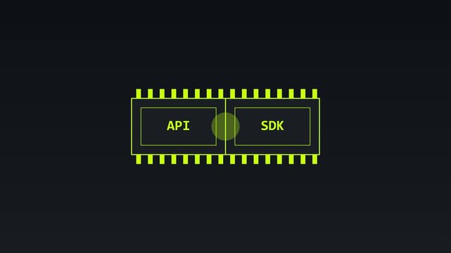 Api and sdk integration concept: digital microchip processor for software development and tech infrastructure animation 4k