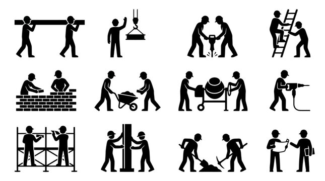 Black silhouette icons of construction workers.