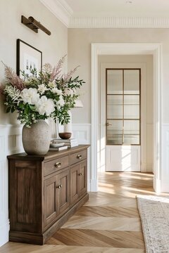 Elegant Parisian entryway featuring white panelled wainscoting, a wooden sideboard with a large floral arrangement, and a glass-paneled door leading to another room