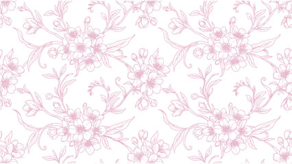 Obraz premium Vintage pink cherry blossom pattern, hand drawn floral vector background, elegant sakura flower wallpaper for wedding